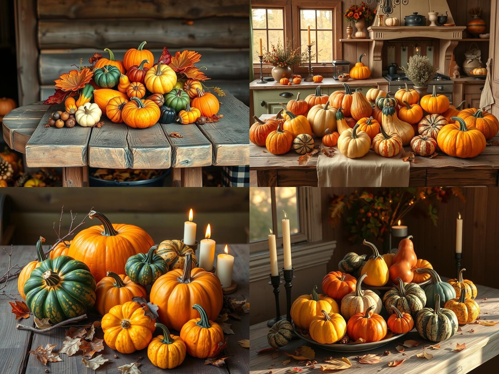 Colorful Gourds on Wooden Table: Autumn Scene
