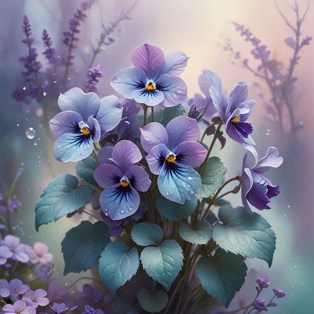 Hyper-Realistic Violets in Ethereal Watercolour Style