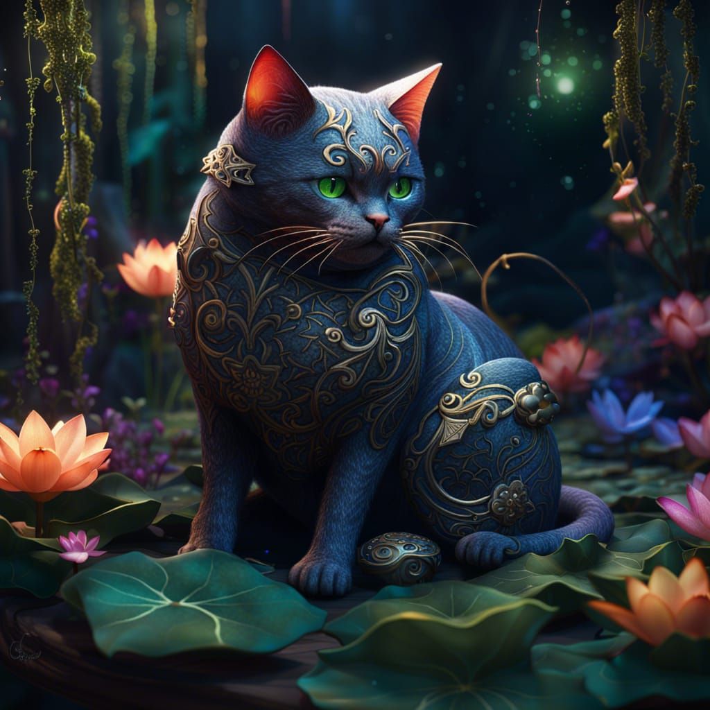 Cat Sewing Lotus with Glitter Fabric in Fantasy Art