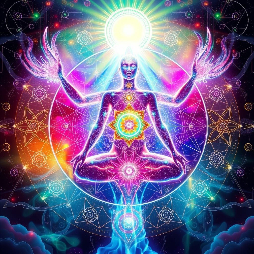 Ethereal Being in Sacred Geometry and Iridescent Light