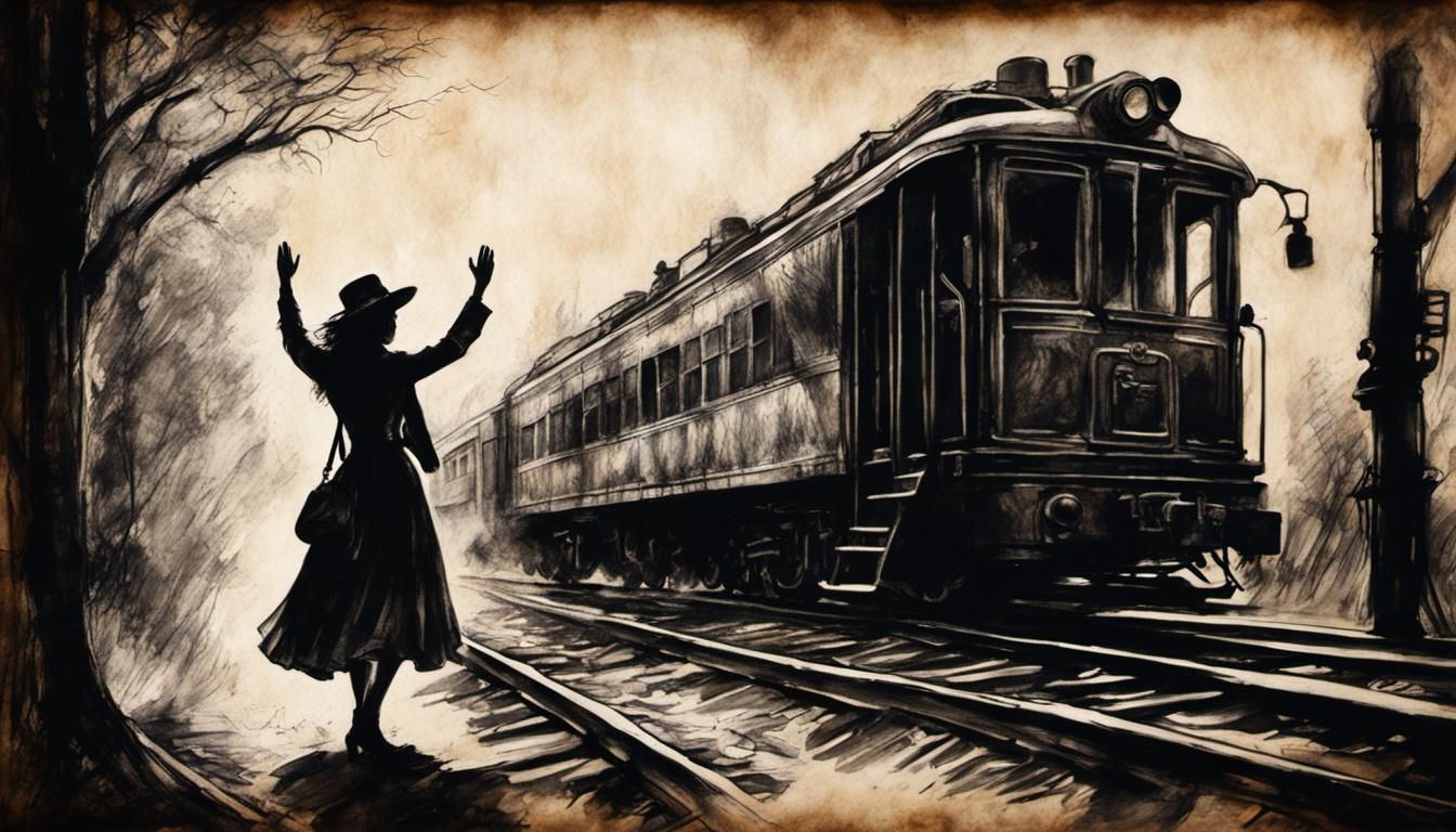 Girl Silhouette Waving: Charcoal Drawing with Steampunk Elem...