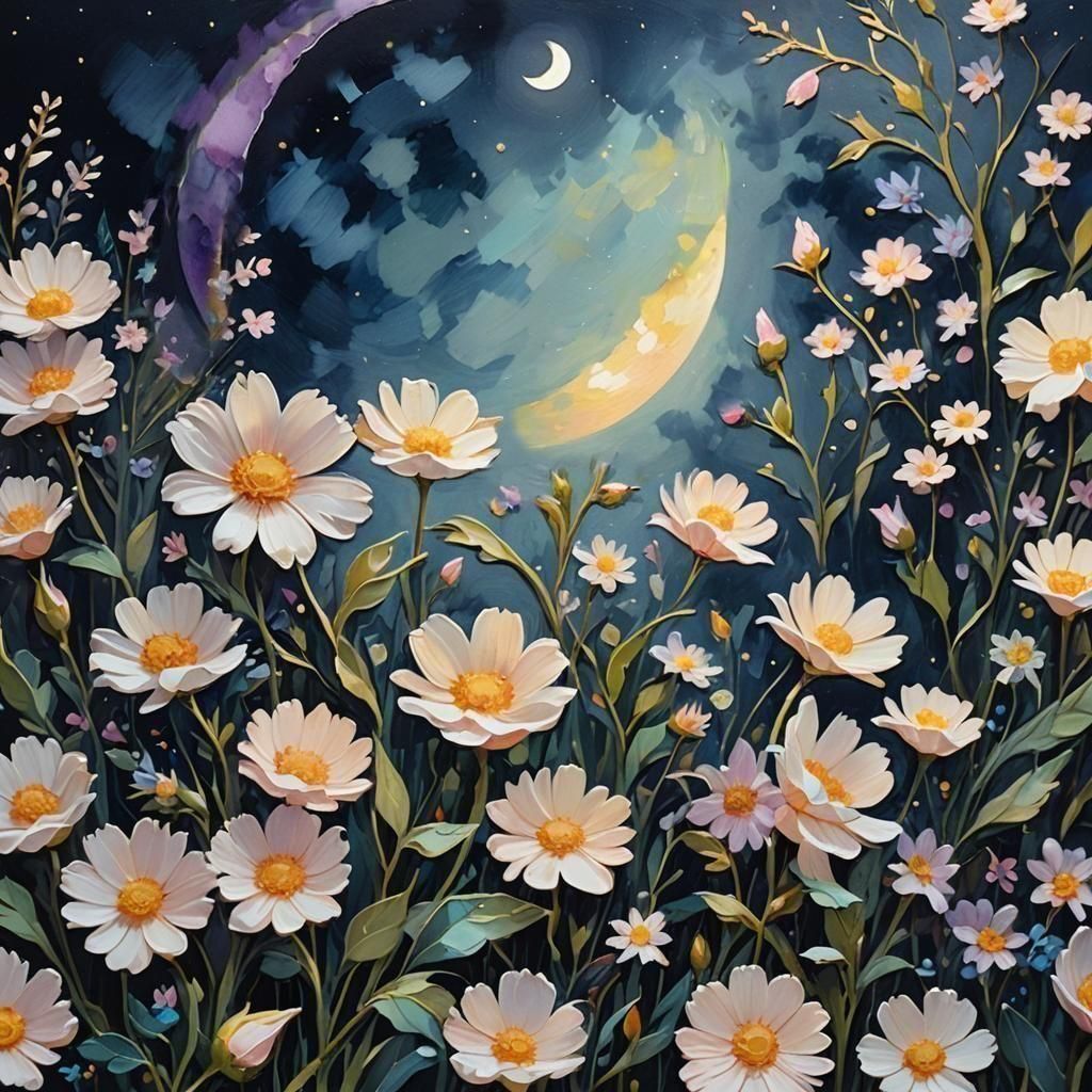 Gouache Flowers Under Moonlight: Impressionist Masterpiece