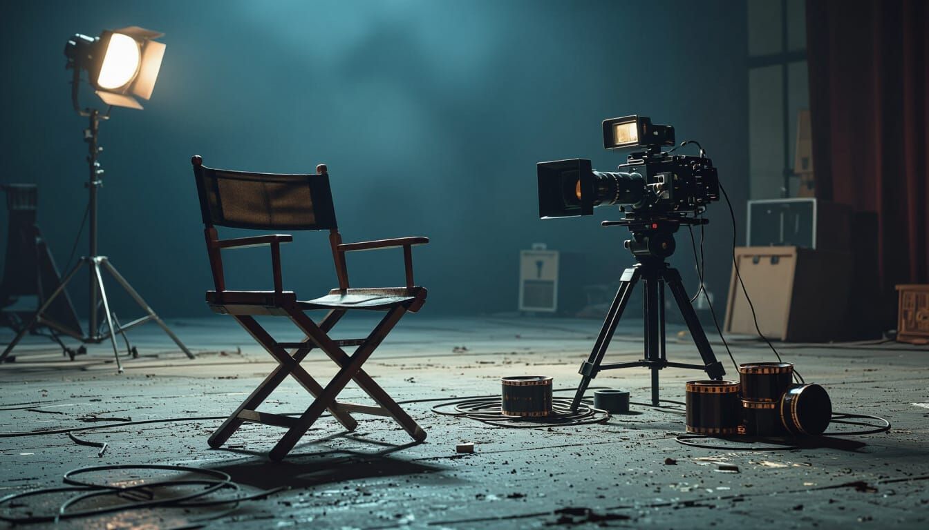 Empty Director's Chair in Film Studio with Vintage Camera