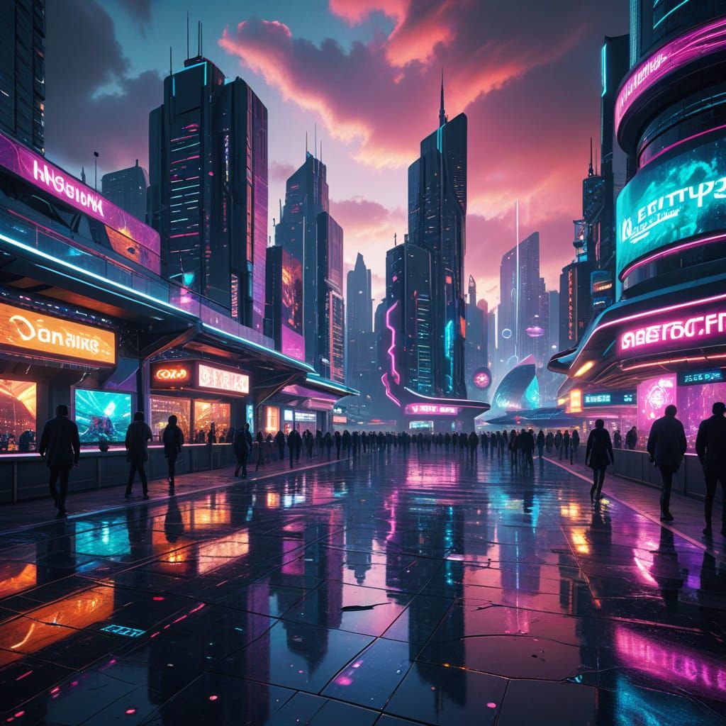 Utopian Cityscape in Vibrant Disco Style