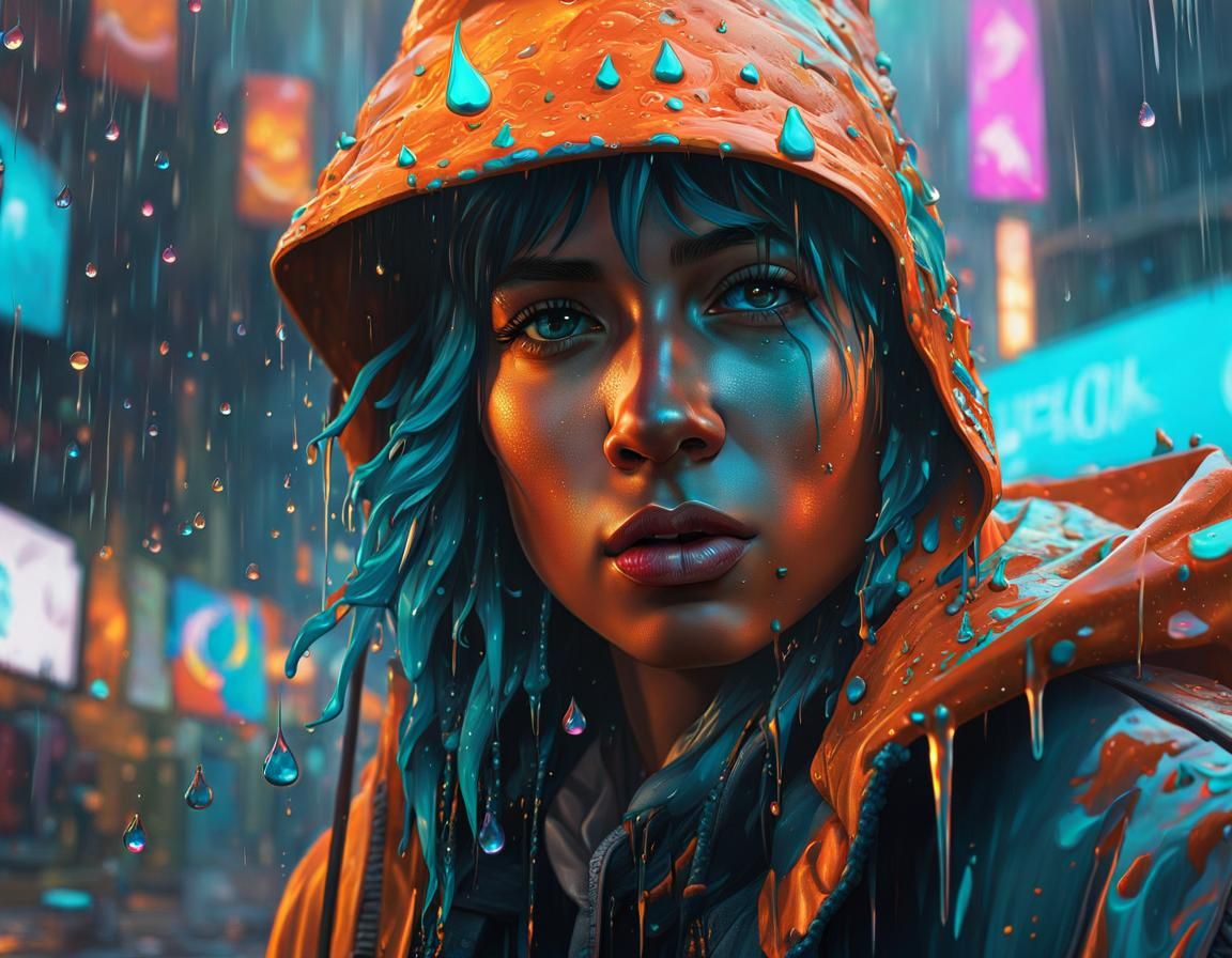 Cosmic Tears in Rain, Mixed Media Illustration