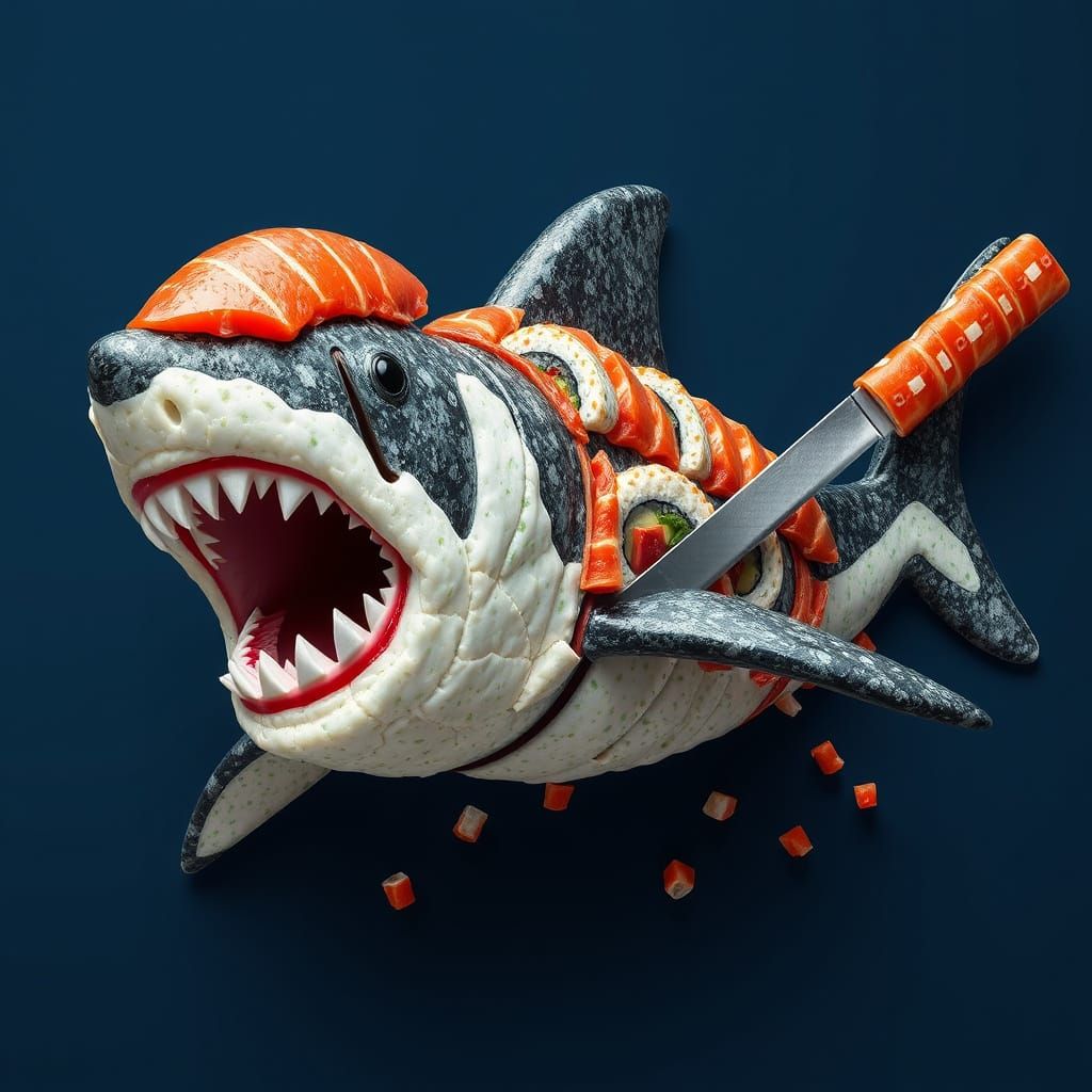 Hyperrealistic Sushi Shark Being Sliced