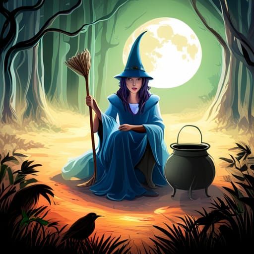 Young Witch Brewing Potions in Forest Clearing