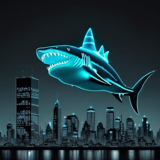 Glowing Shark in Cityscape, Simpsons Style