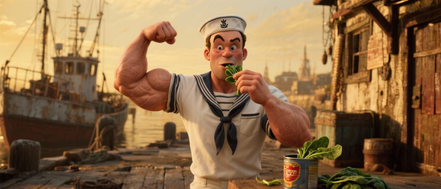 Popeye Flexes with Spinach in Rustic Harbor, Golden Light