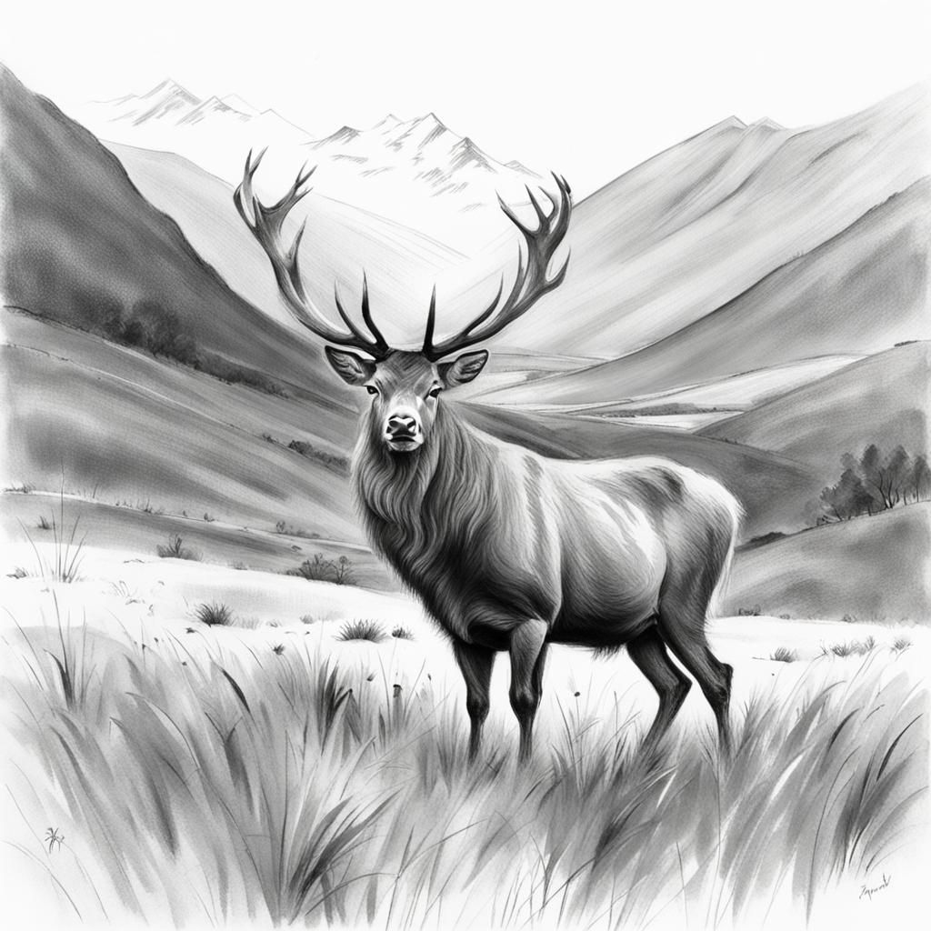 Highland Stag in Abstract Impressionist Pencil Sketch