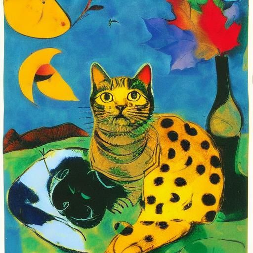 Oriental Cat in Fall Paper Collage Art