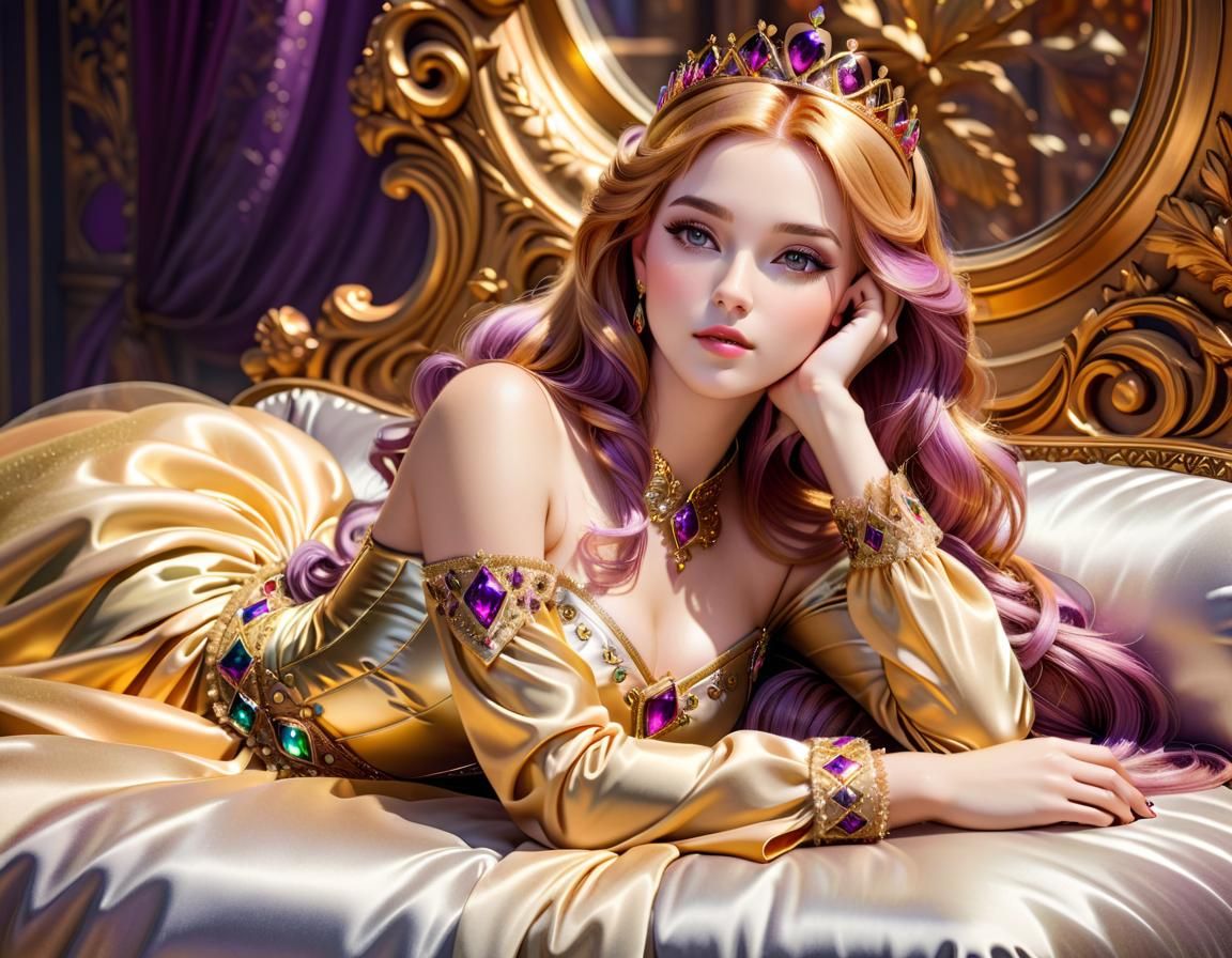 Resting Princess with Plum Hair in Gold