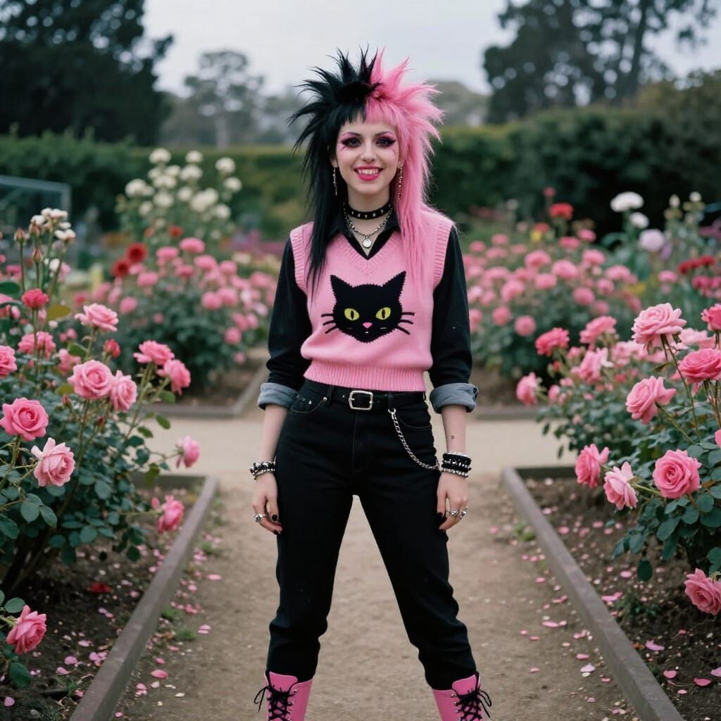 Punk Woman with Pink Hair in Rose Garden