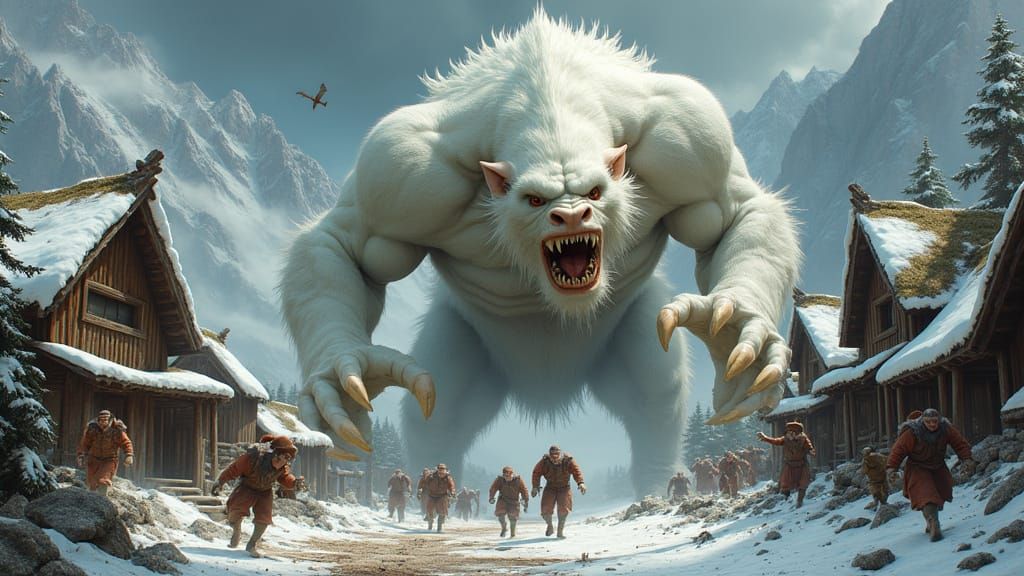Dark Fantasy Beast Devastates Mountain Village