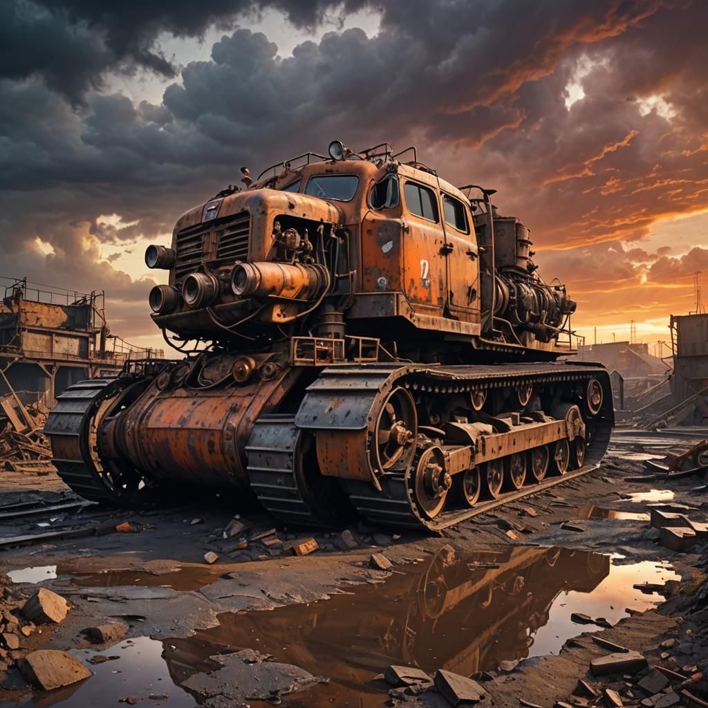 Dieselpunk Caterpillar Carrier in Ruined Wasteland