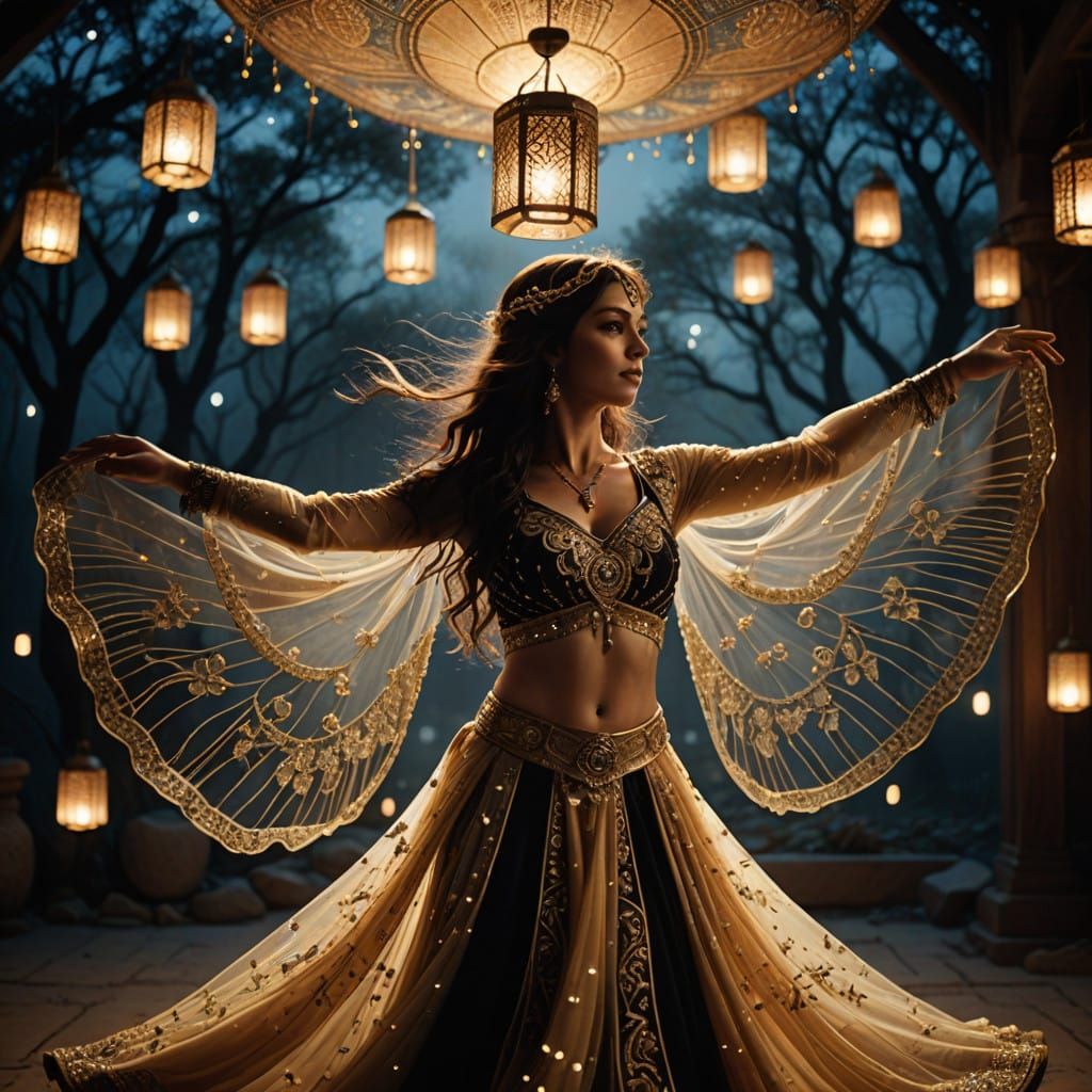 Enchanted Bellydancer Under Starry Skies in Cinematic Style