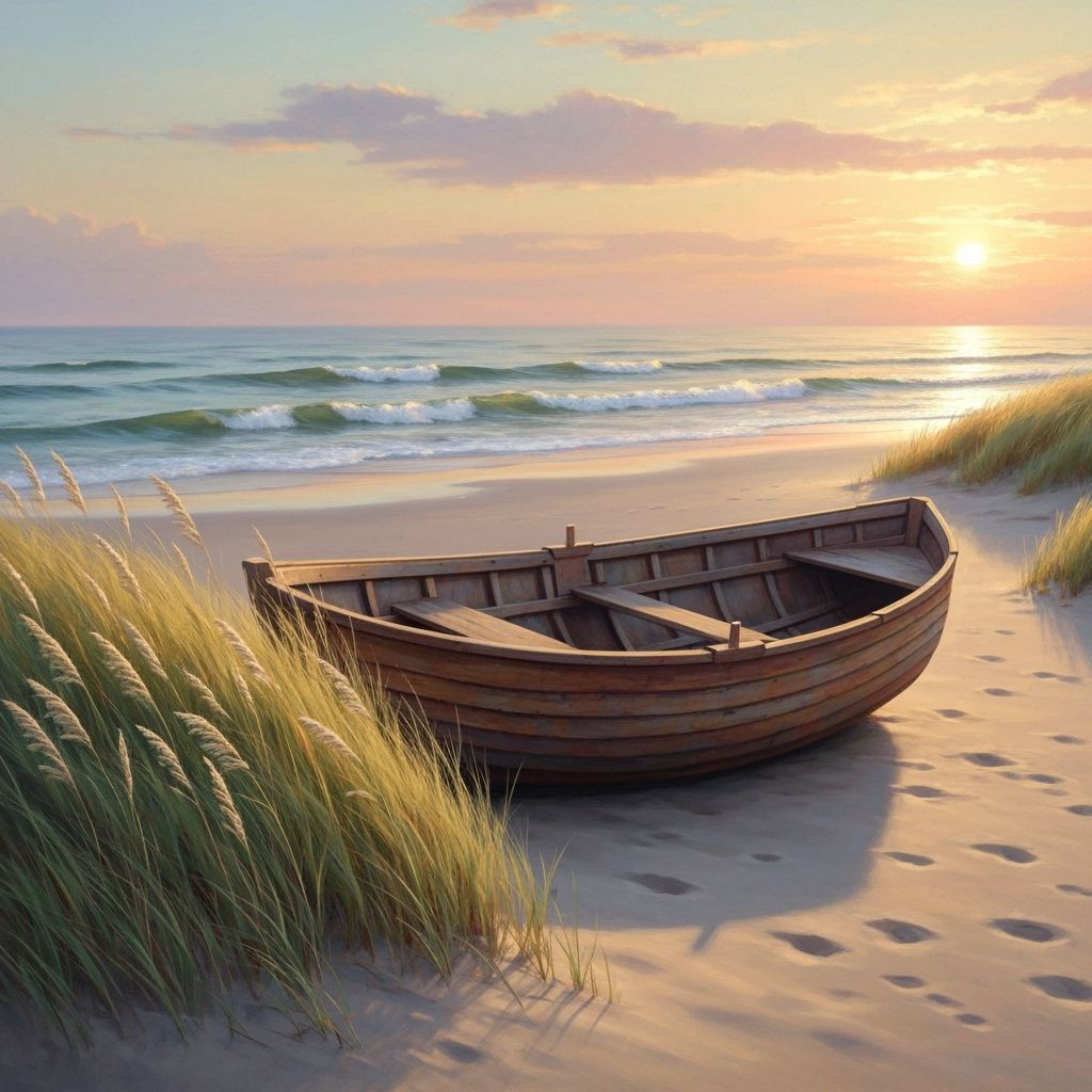 Tranquil Sunrise Over Coastal Rowboat Scene