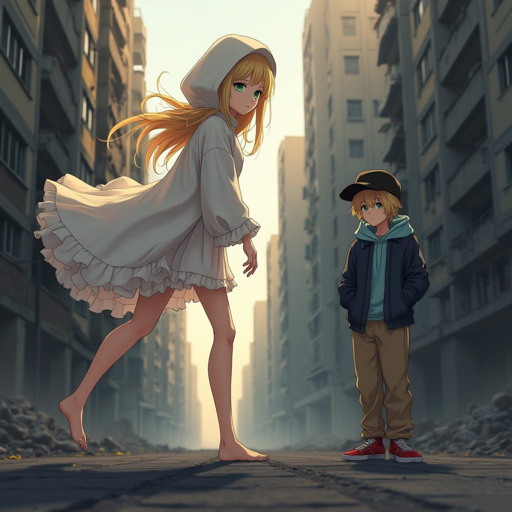 Anime-Inspired Girl and Boy Amidst Desolate Cityscape