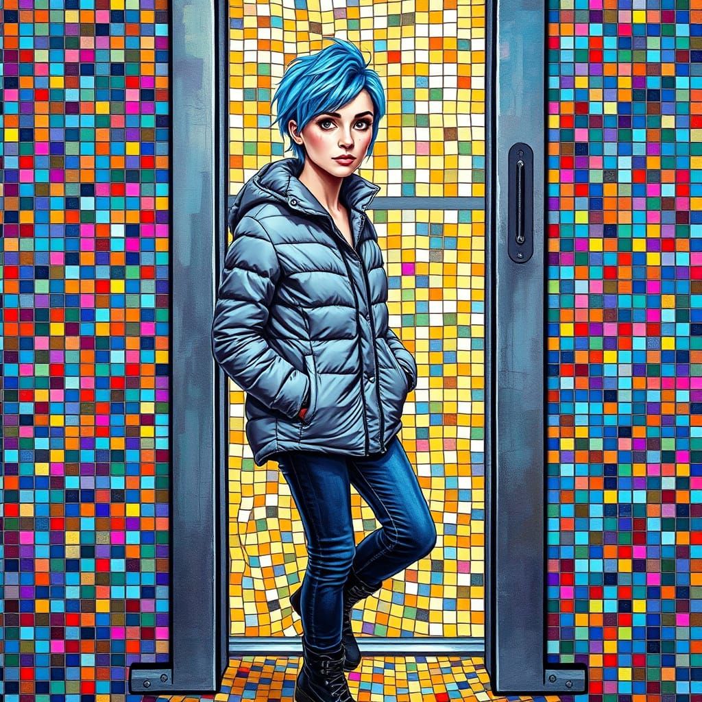 Vibrant Mosaic Artwork of a Young Woman with Urban Chic Styl...
