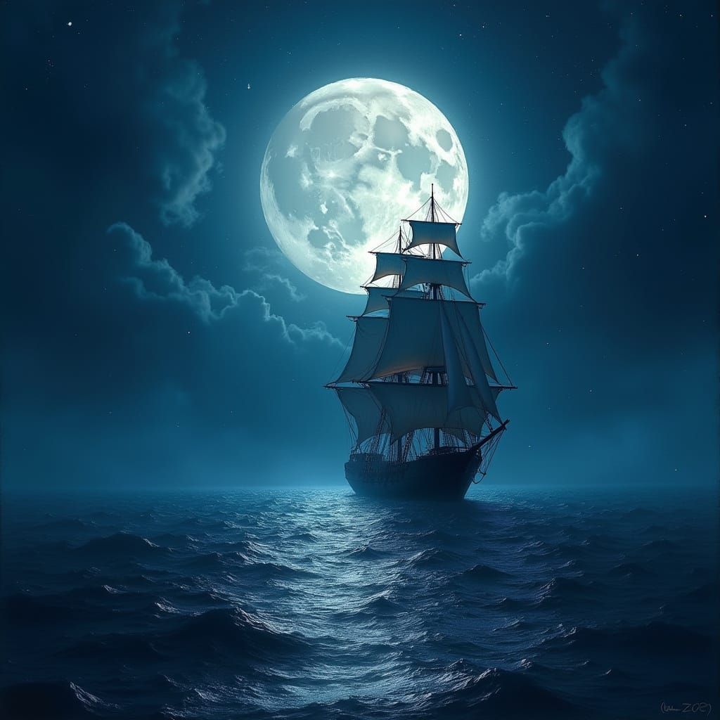Luminous Moon Over Sailing Ship at Night