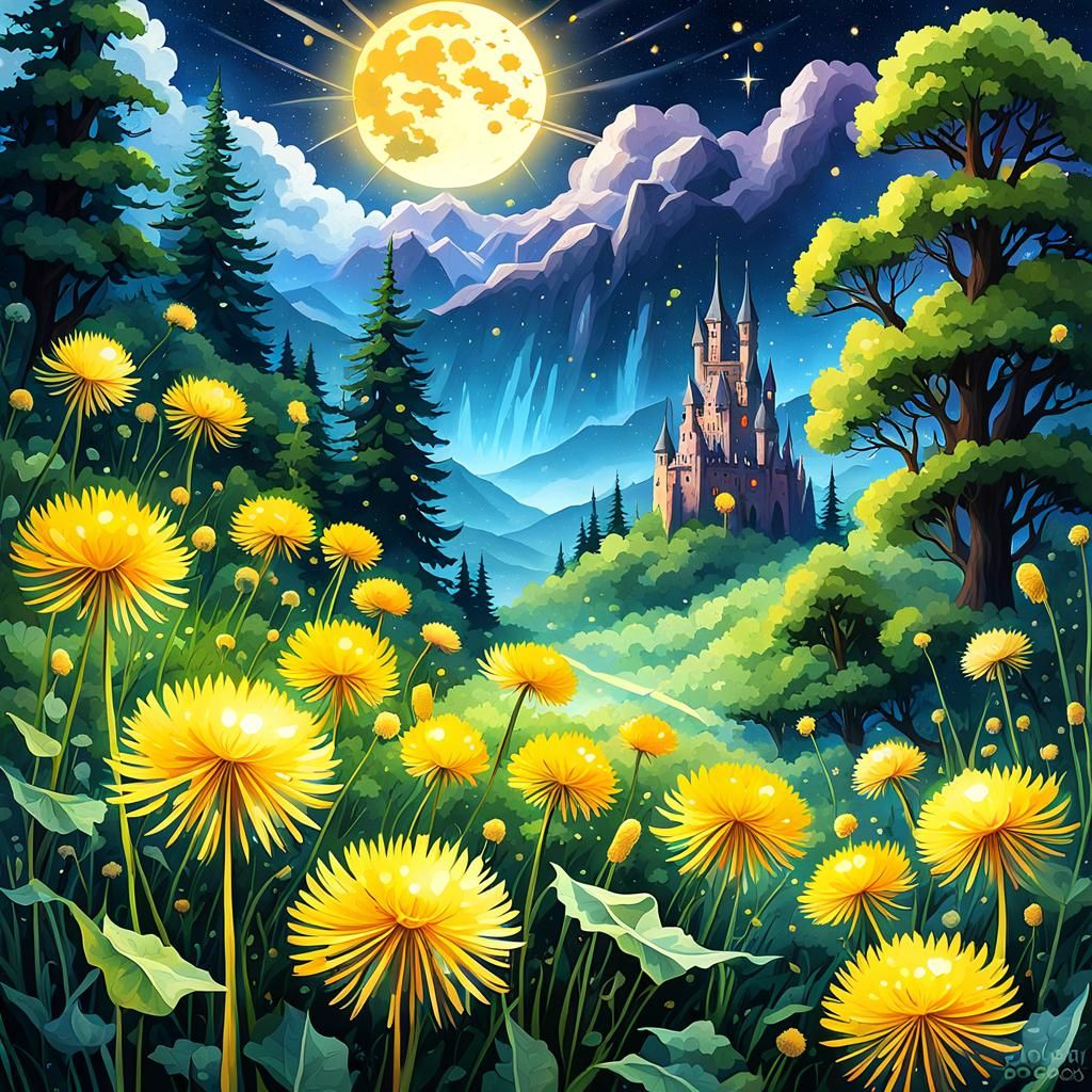 Dandelion Field Surrounds Ruined Tower in Watercolor