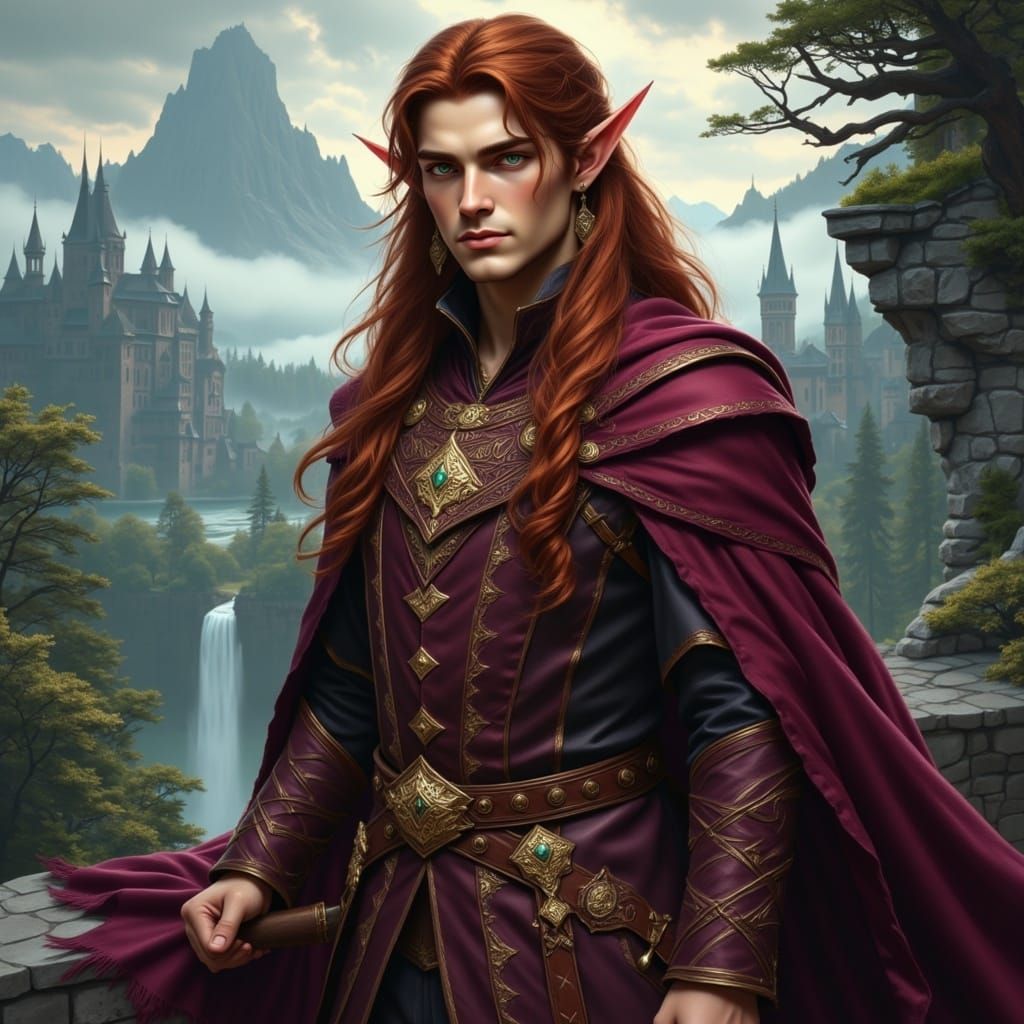 Mystical Elven Wizard in High Fantasy Burgundy Coat