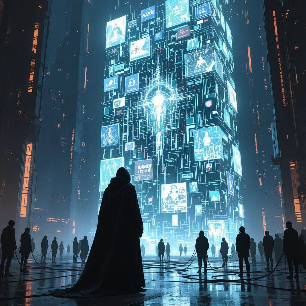 Cyberpunk Figure Stands Before Glowing Verlin Wall