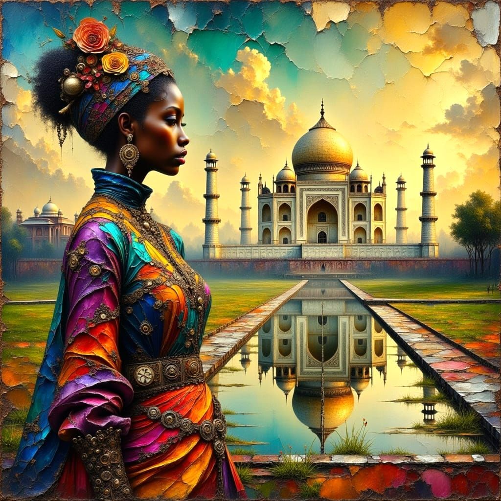 Surreal Indian Goddess Adorns Taj Mahal in Vibrant Oil Paint...