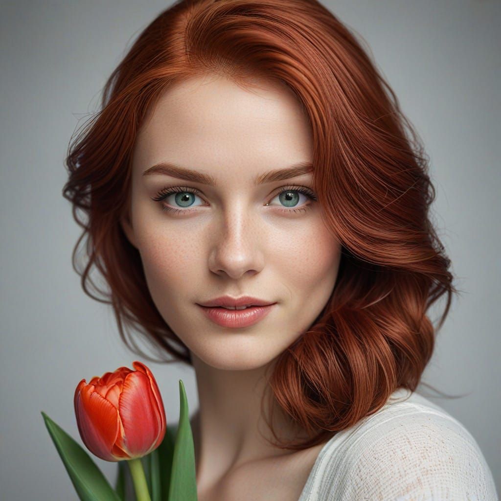 Vibrant Red-Haired Woman with Delicate Tulip in Intimate Por...