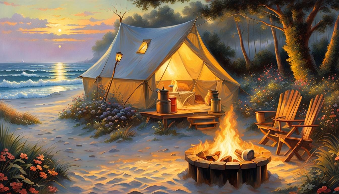 Florida Beach Camping in Thomas Kinkade Style