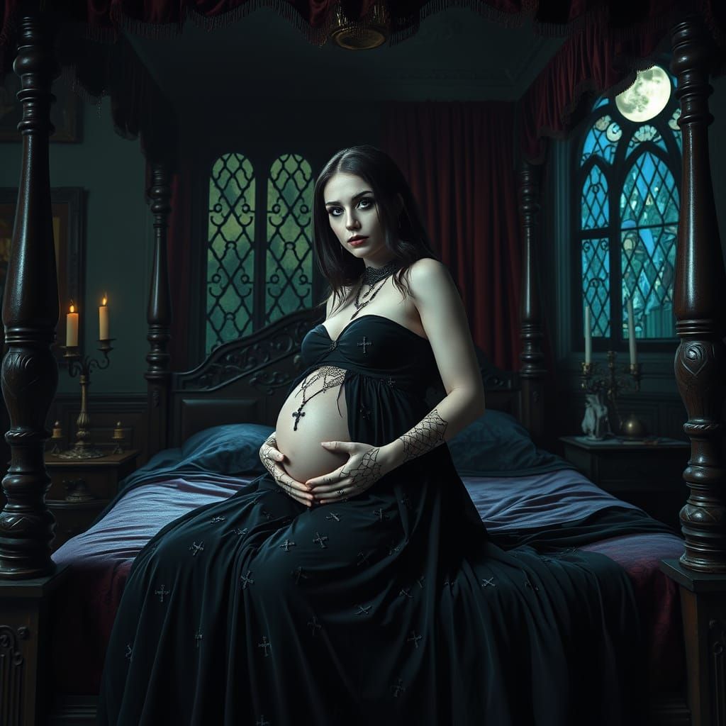 Mysterious Pregnant Goth in Dark Mansion Sanctuary