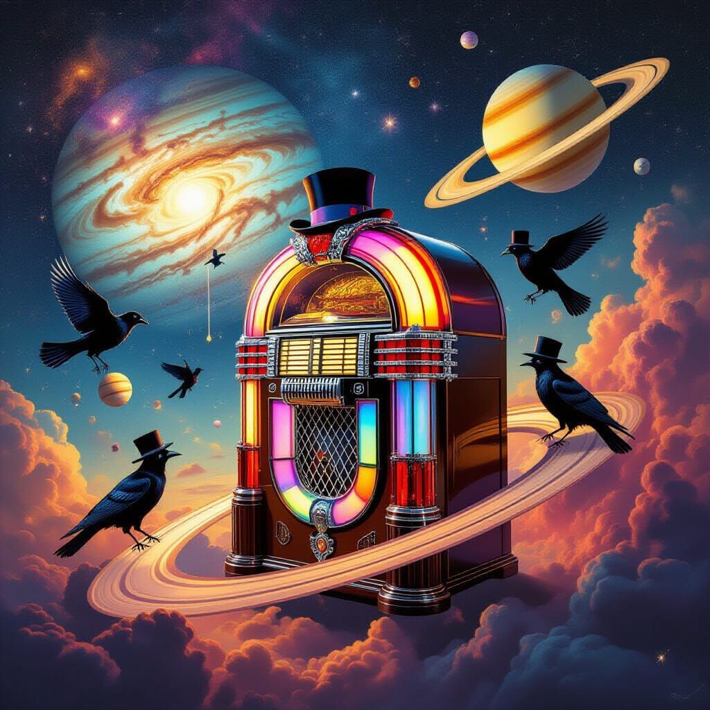 Cosmic Jukebox Vomiting Galaxies on Saturn, Dali-Style Surre...