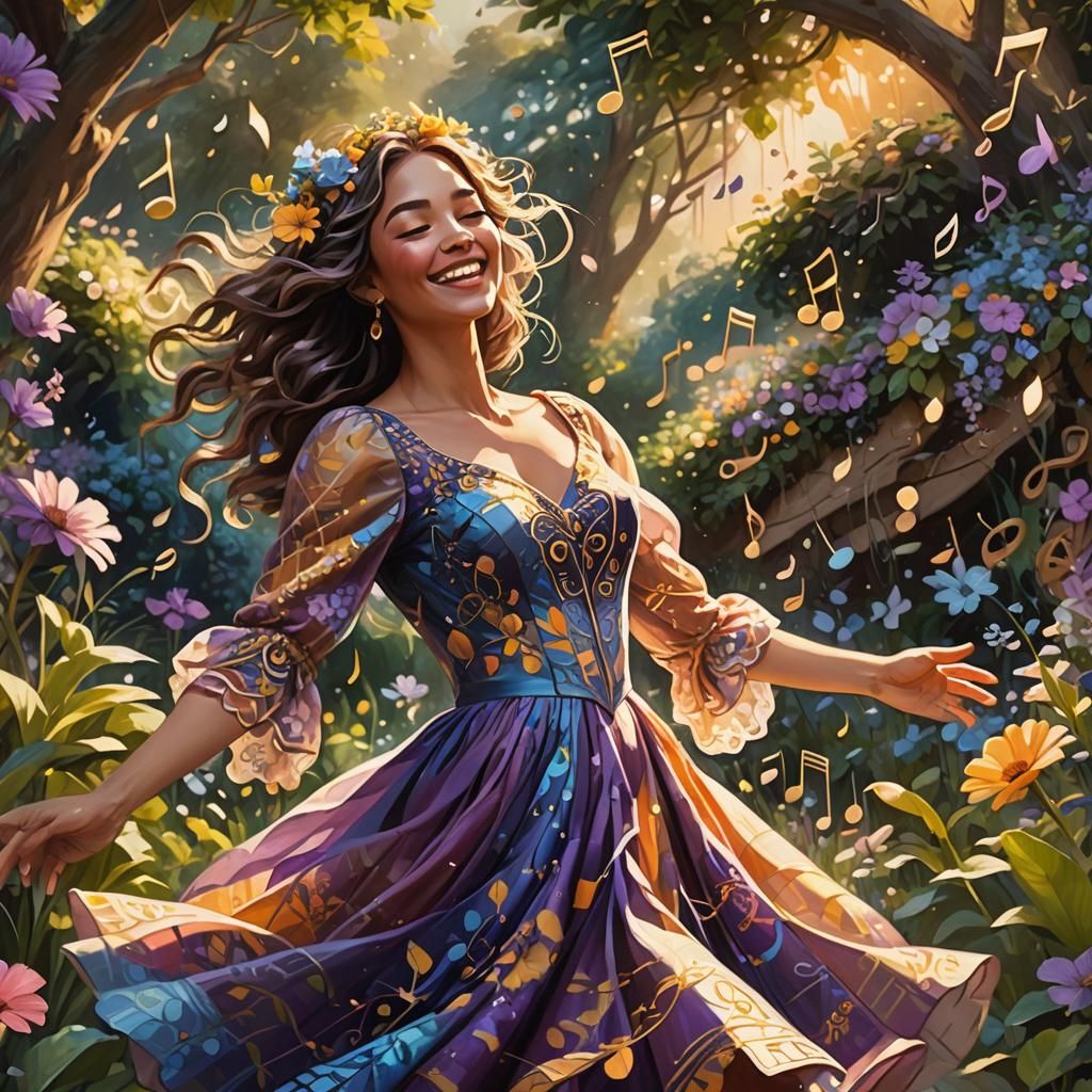 Whimsical Garden Dance in Art Nouveau Style