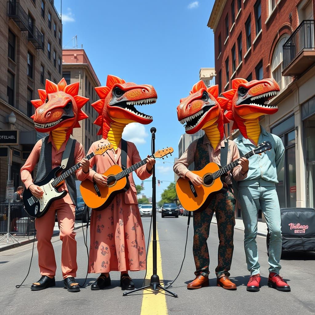 Vibrant Dinosaur Rockstars in Peach Hued Street Style