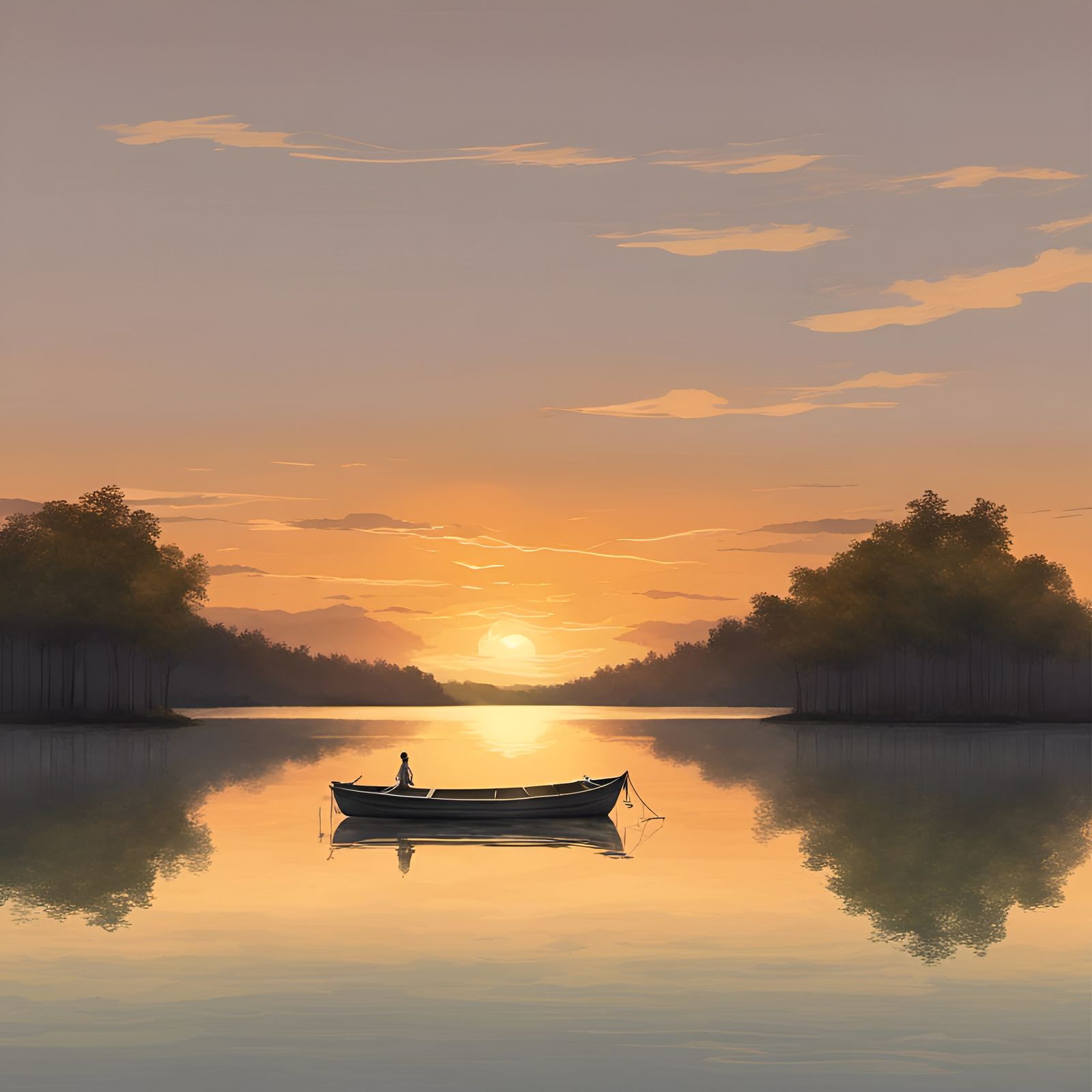 Picturesque Lakeside Sunset Scene with Tranquil Reflections