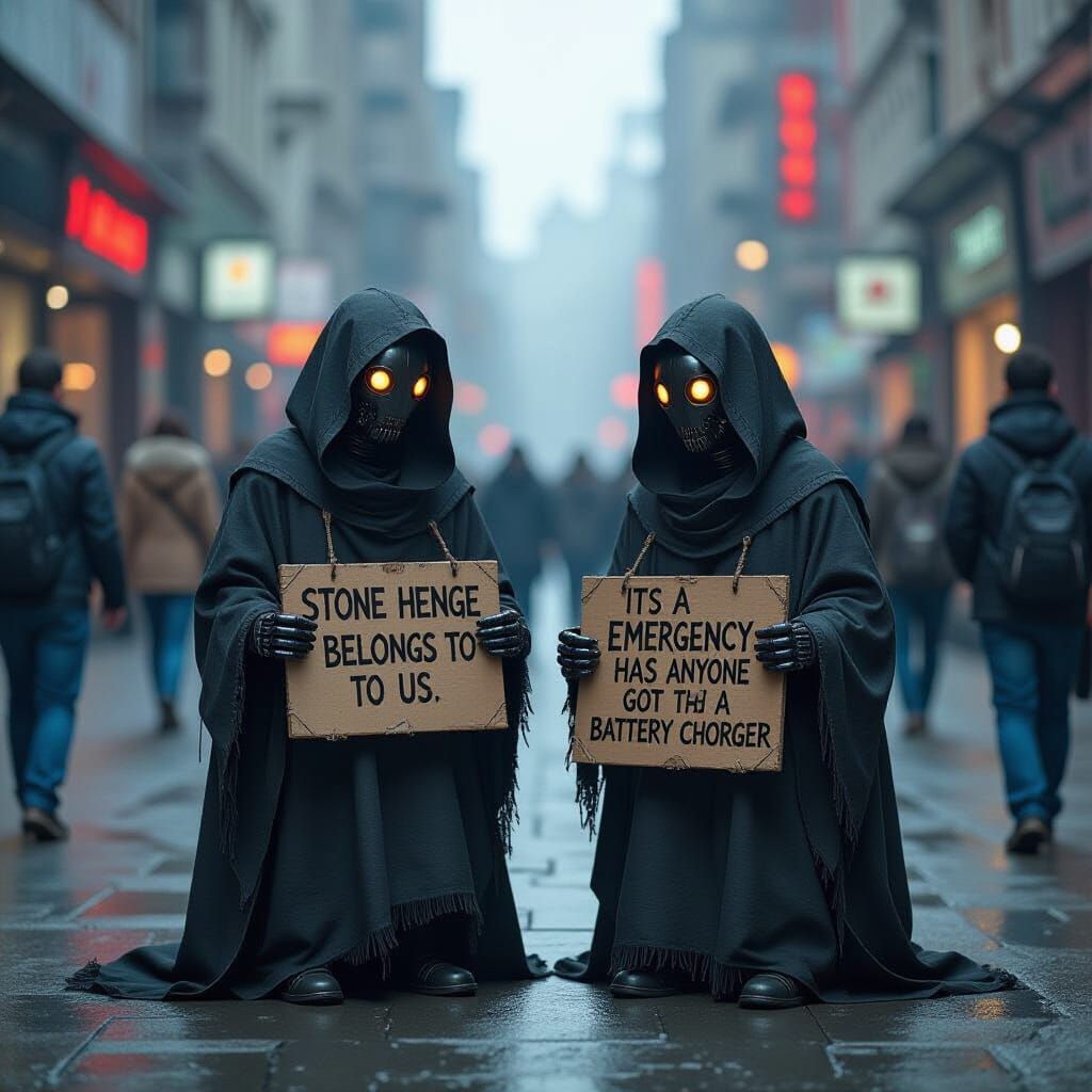 Dystopian Robots Protest in Cyberpunk Cityscape