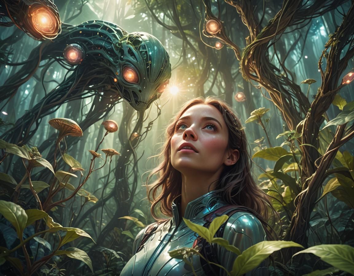 Woman's Amazement in Alien Forest: Sci-Fi Illustration
