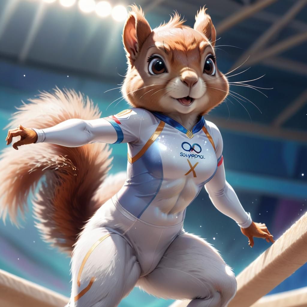 Anime Squirrel Gymnast on Balance Beam