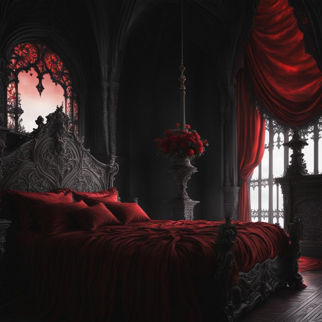 Beautiful red and black gothic bed& hyperdetailed art nouveau rococo architecture gothic art romanticism digital art 8K ...