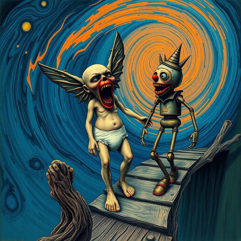 An intensely emotive anthropomorphic screaming  fairy godmother   wearing a diaper, reminiscent of Edvard Munch's iconic...