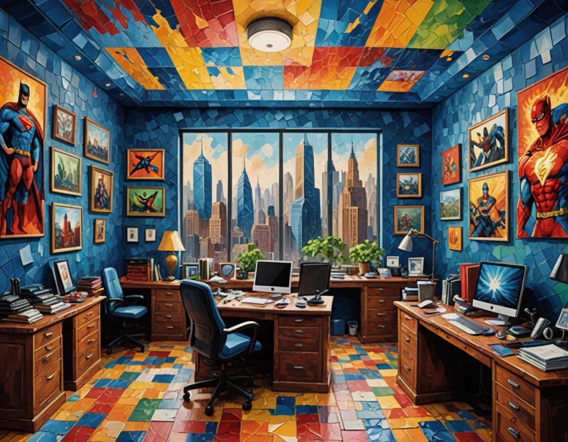 Superhero Office in Neo-Impressionist Impasto Style