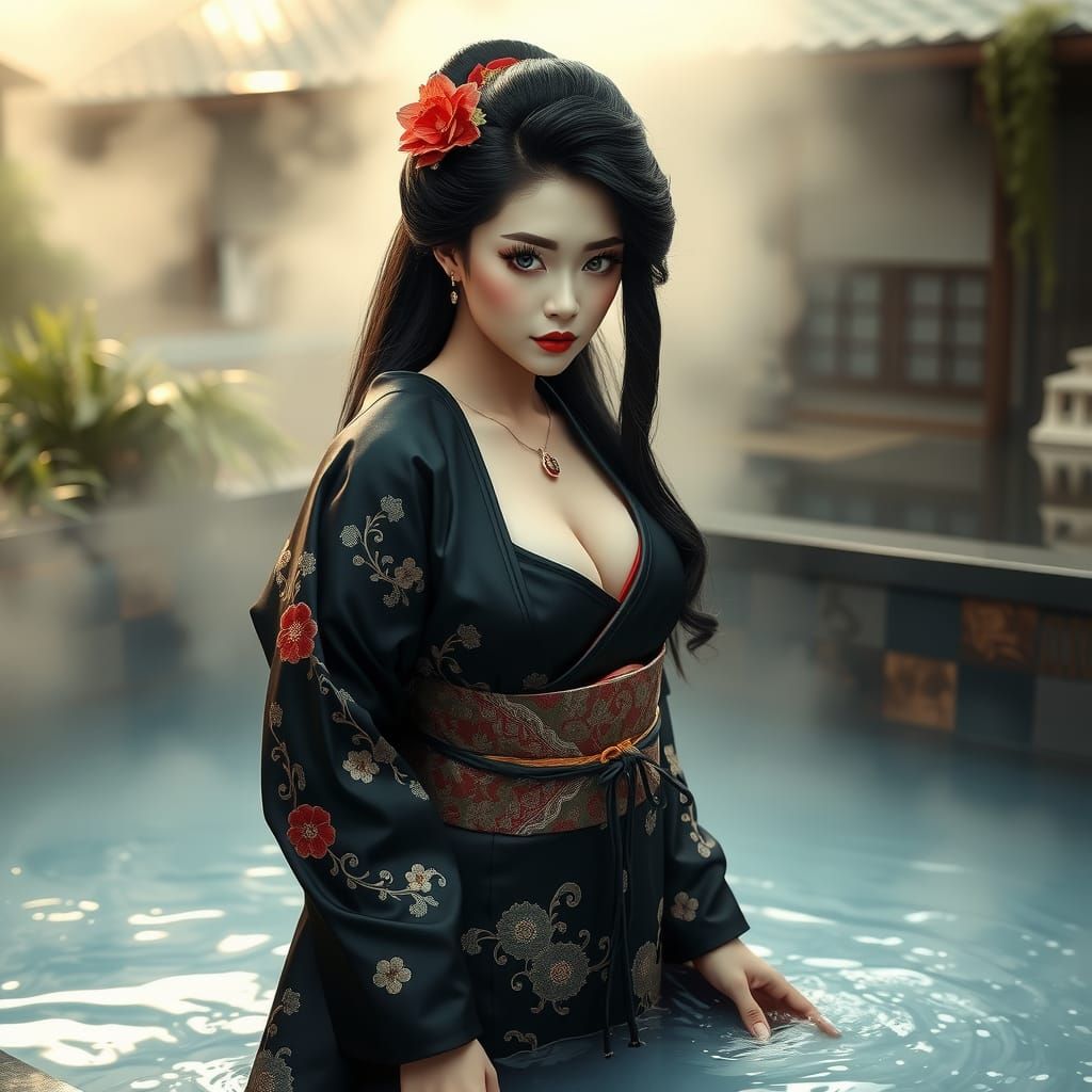 Geisha at Hot Spring in Hyper-Realistic Style