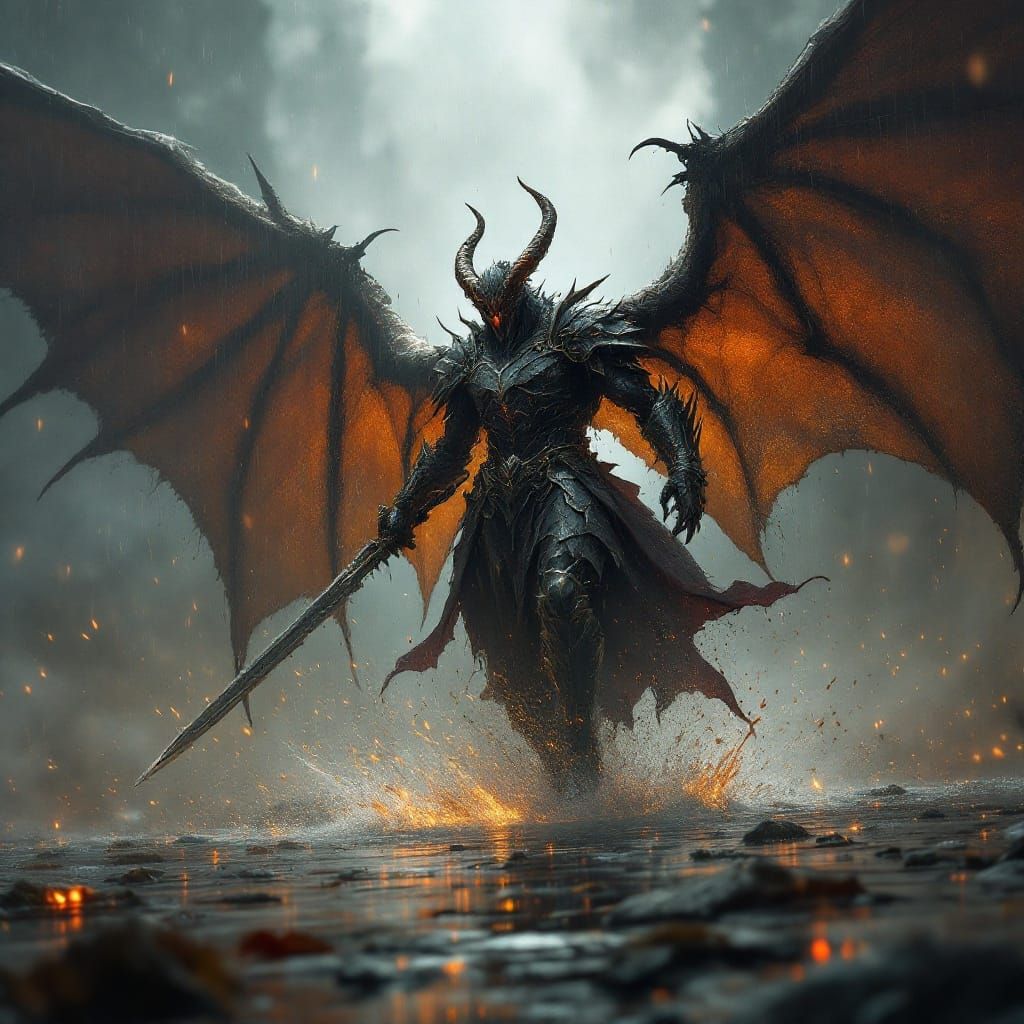 Winged Demon Knight in Rain: Fantasy Concept Art