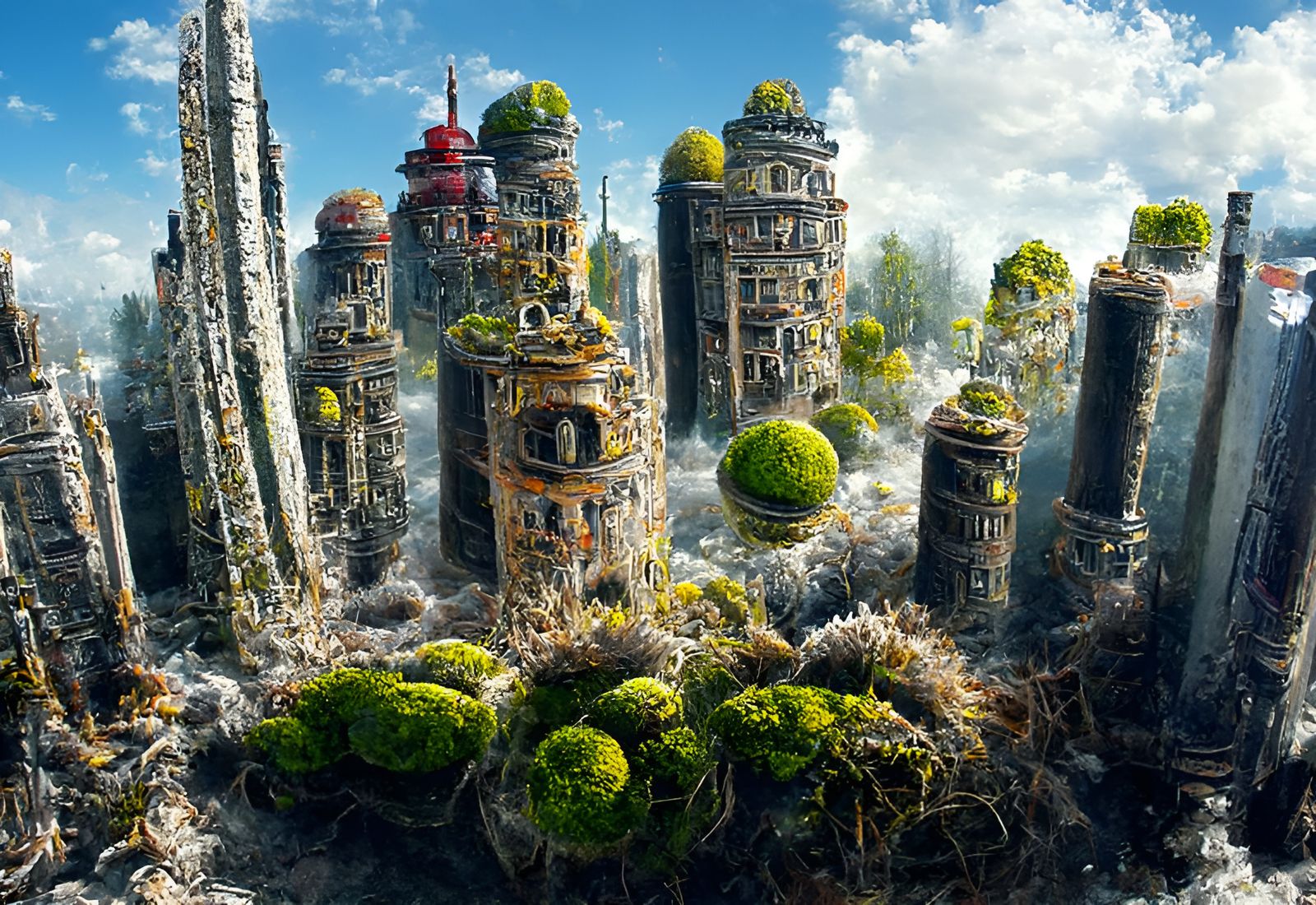 Mossy City of Towers: Hyperrealistic Digital Painting