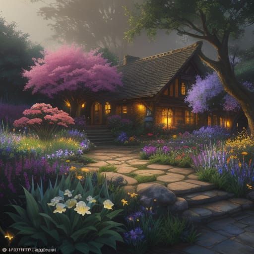 Vibrant Garden Scene in Oil Painting Style