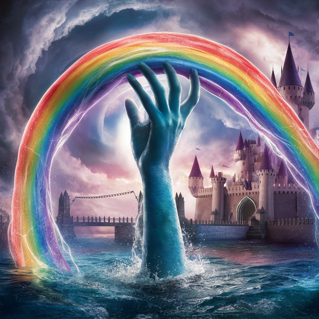 Epic Fantasy Hand Holds a Rainbow Aloft