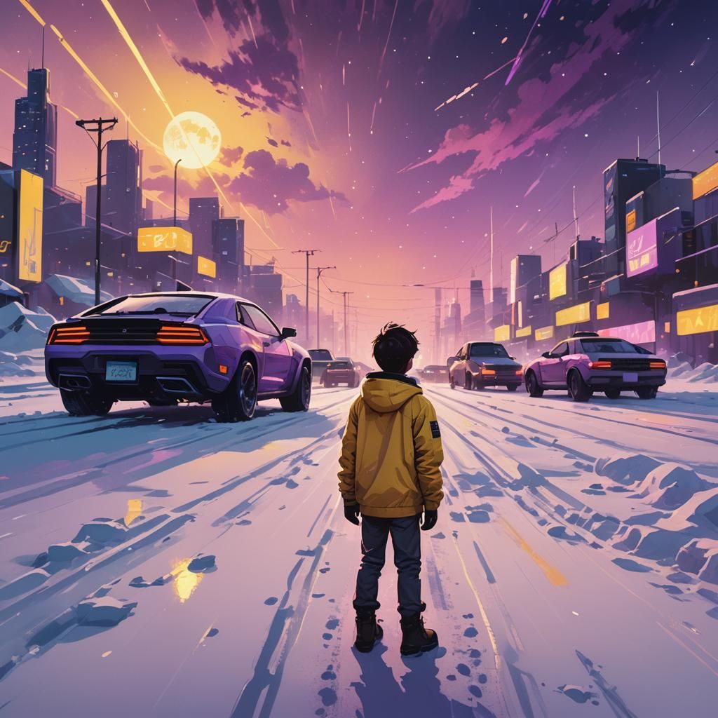 Boy on Snowy Road with Futuristic Cars