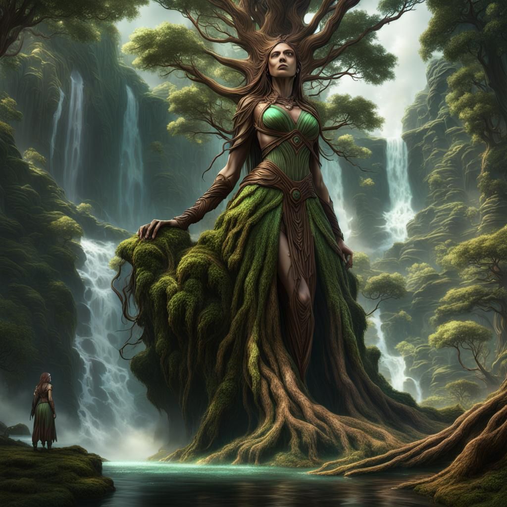 Giant Tree Woman with Waterfall: Fantasy Concept Art