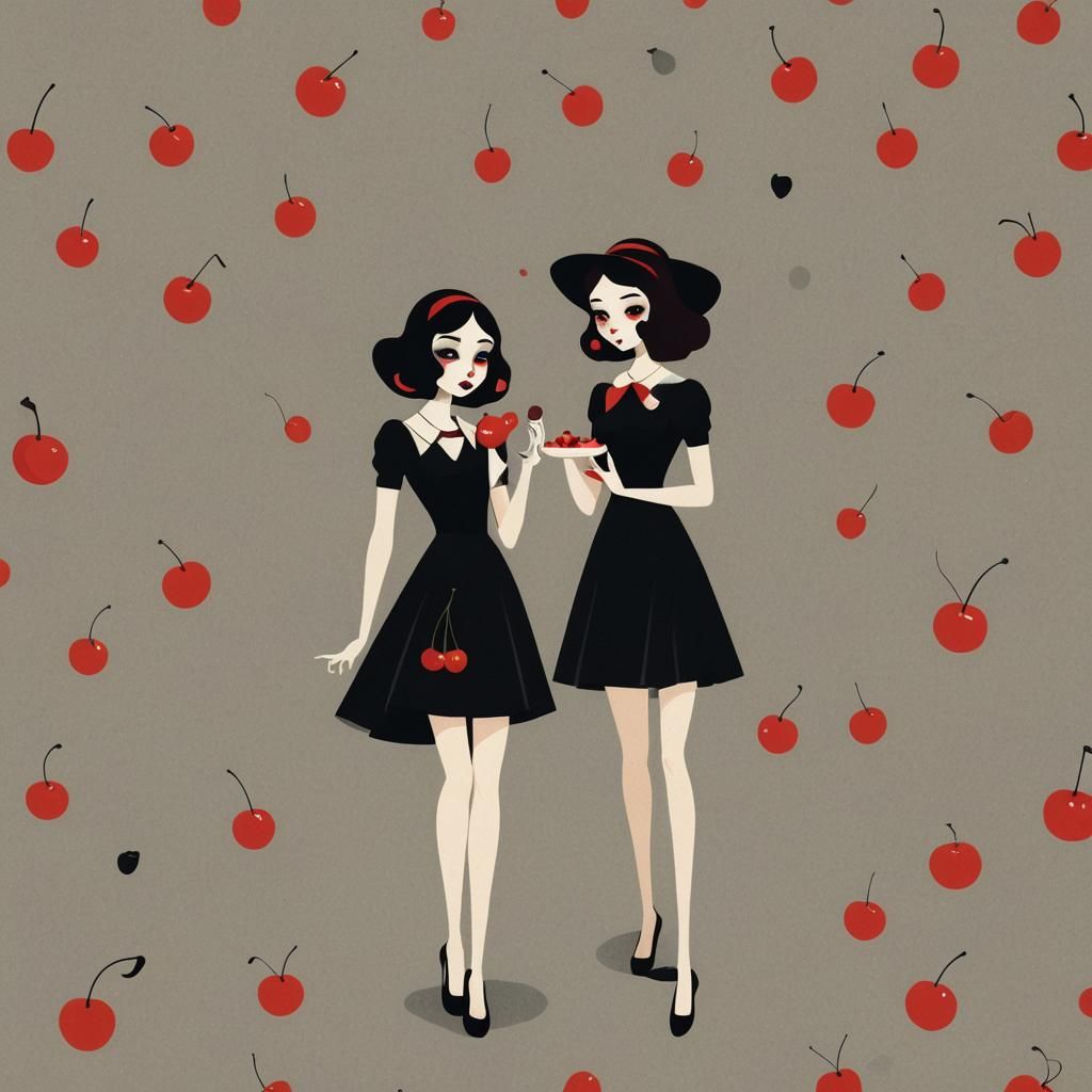 Retro Halloween Illustration of Girl Eating Cherry