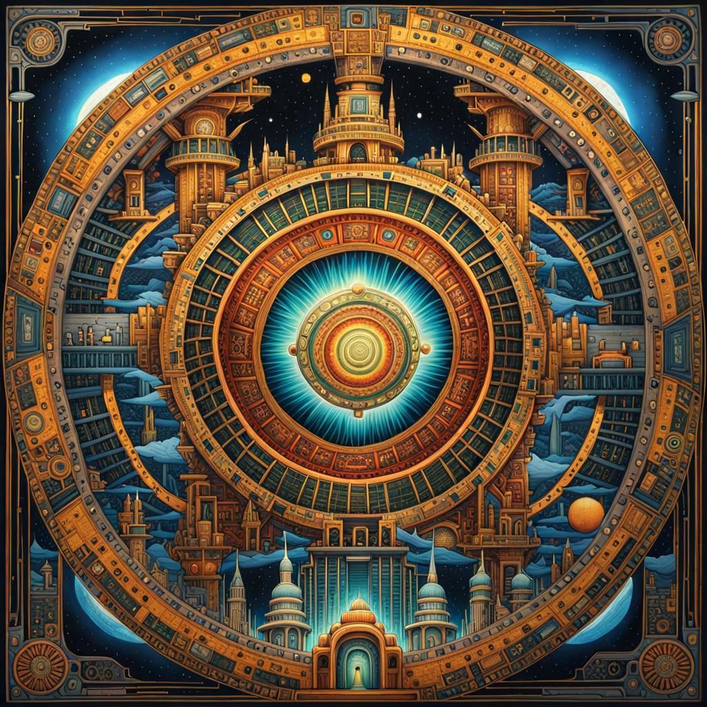 "A complicated sci-fi world mandala by scan of codex serphinianus in the style of Jack Yerka's Surreal tomorrow land, Im...